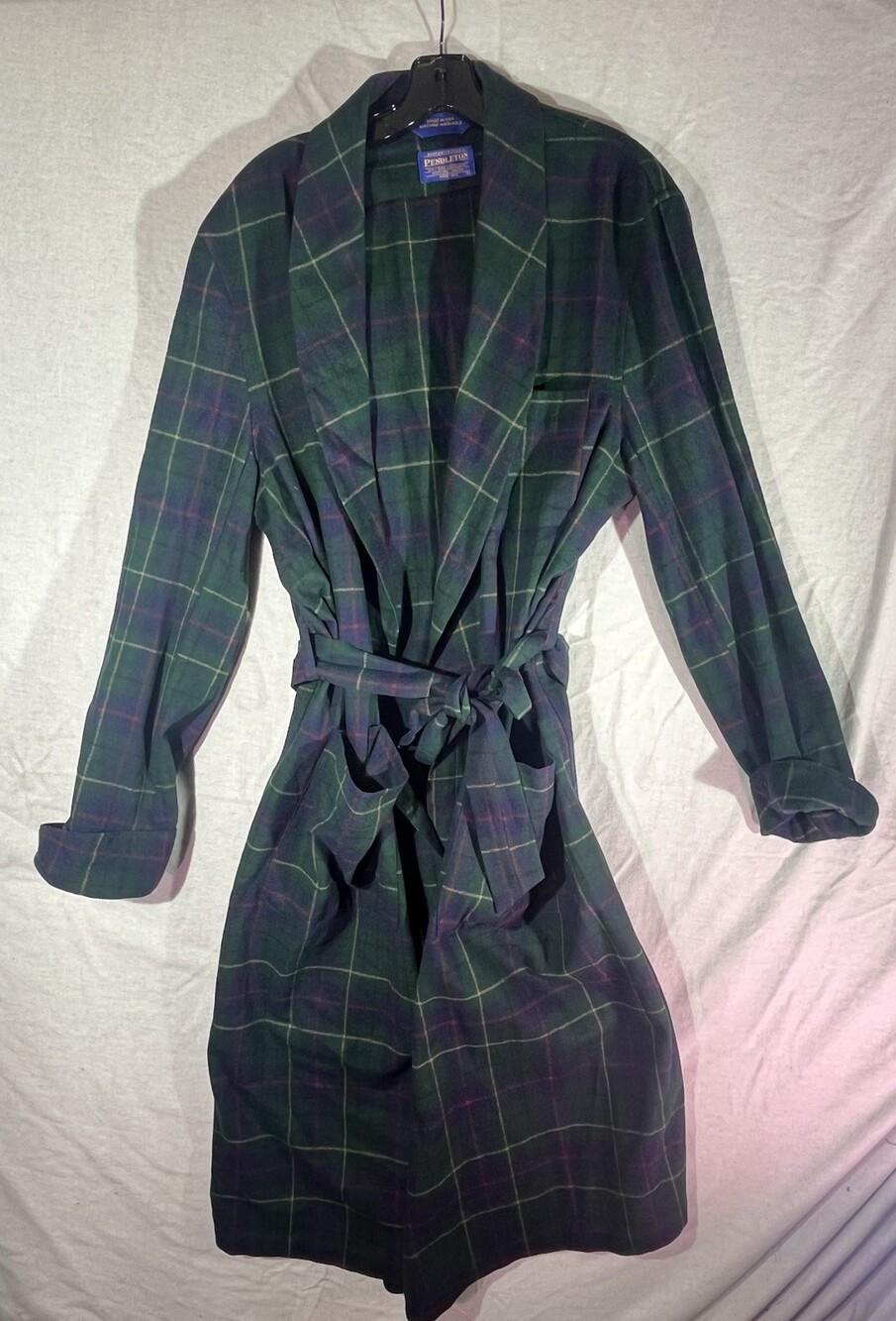Pendleton Men’s 100% Virgin Wool Robe Sz L Green Plaid Tartan Belted Lounge